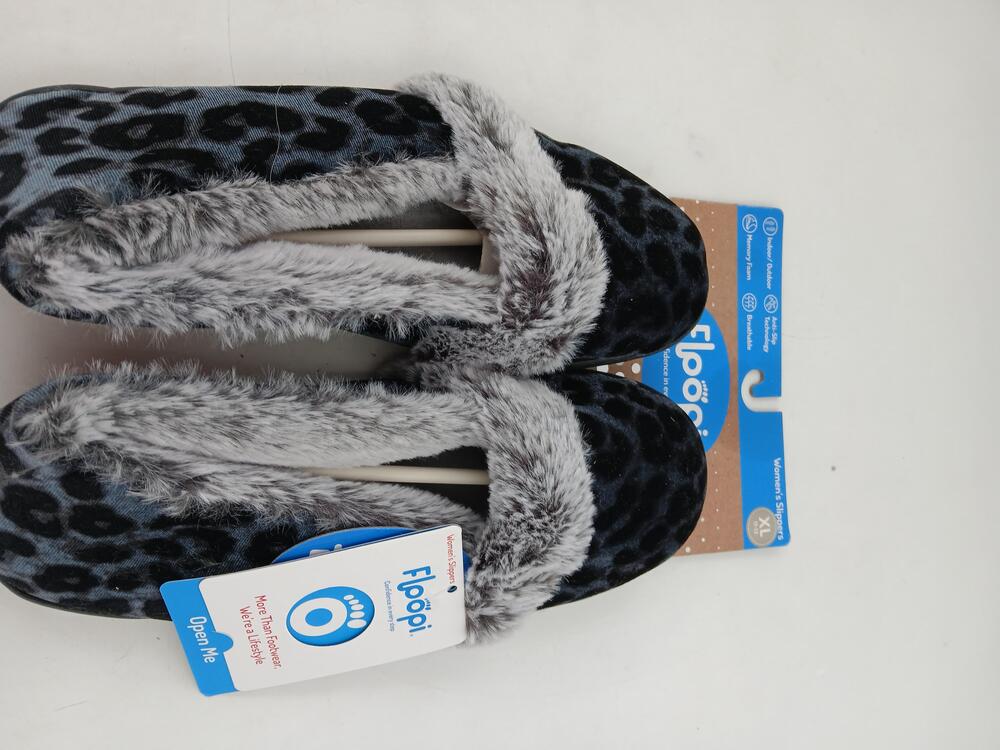 Floopi Slippers Womens Gray Leopard Faux Fur Memory Foam House Shoes XL 11-12